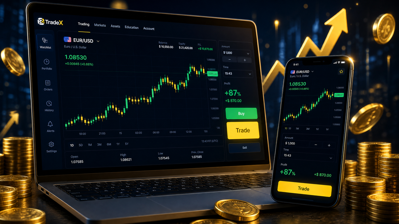 Binomo trading platform showing candlestick charts and profit indicators