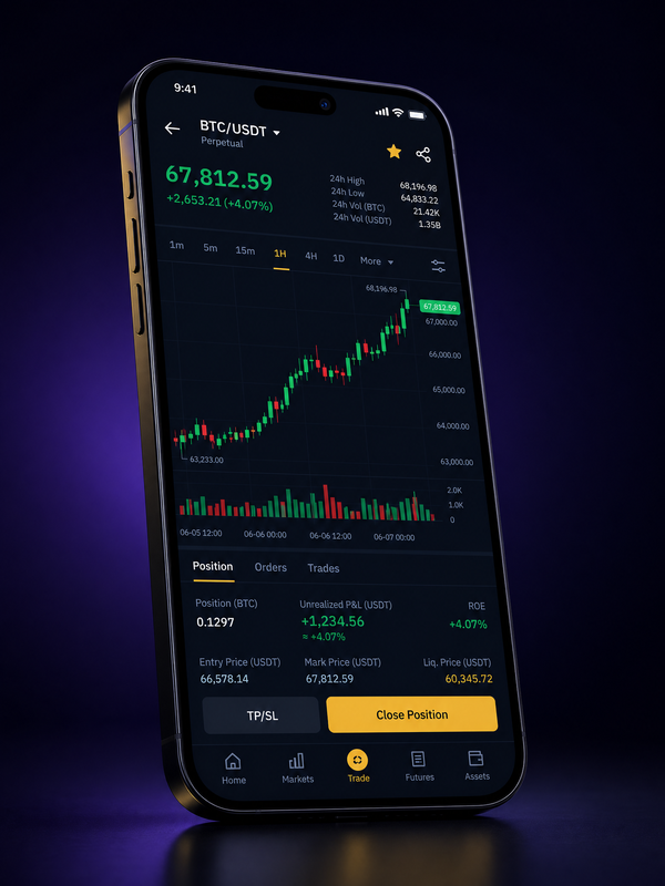 Binomo mobile trading app on smartphone showing live charts and trade interface
